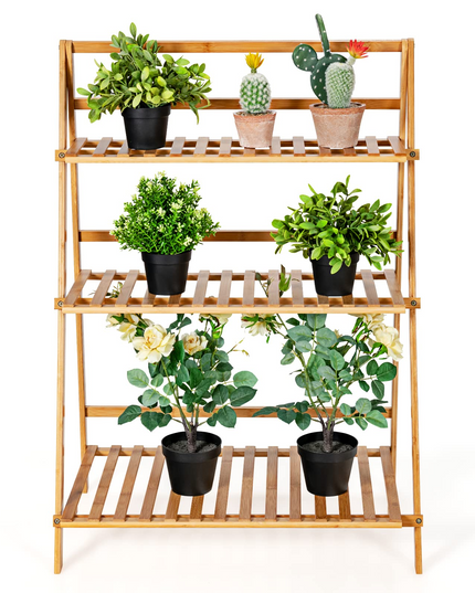 Giantex 3 Tier Folding Storage Shelf, Bamboo Ladder Plant Stand