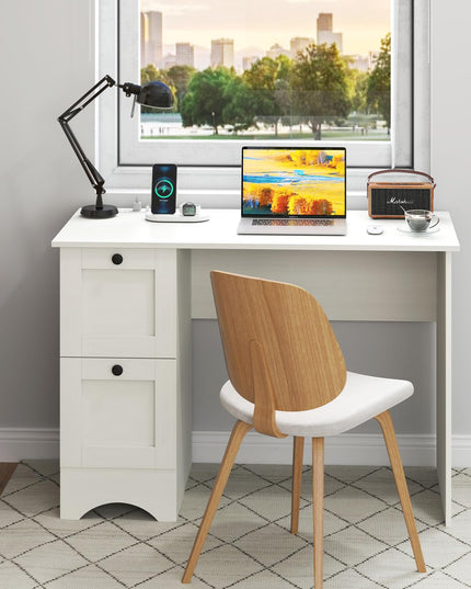 Giantex White Desk with 2 Drawers, 43” Wooden Home Office Desk with Charging Station