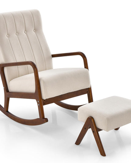 Giantex Rocking Chair with Ottoman, Upholstered Rocker Chair with Solid Rubber Wood Frame