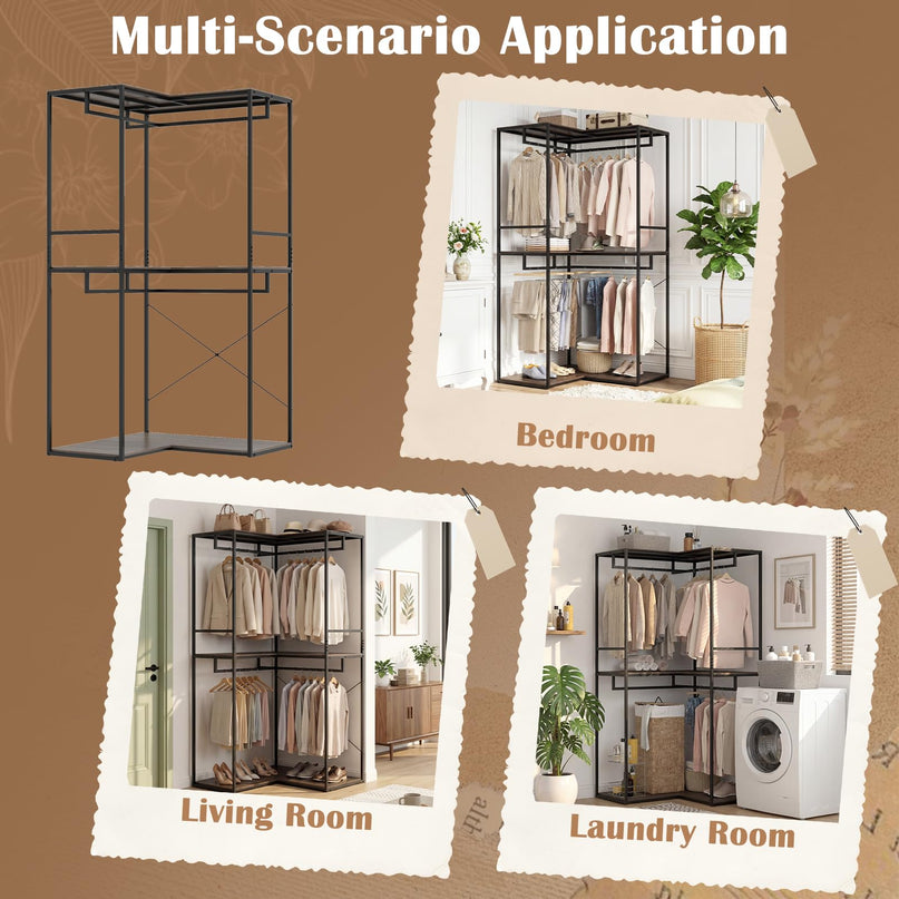 Giantex 3-Tier L-Shaped Garment Rack w/3 Open Shelves & 2 Hanging Racks