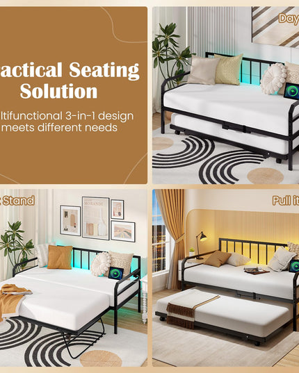 Giantex Twin Daybed with Trundle, Twin Bed Frame with Charging Station & LED Lights, Metal Trundle Bed Twin w/Steel Slats Support