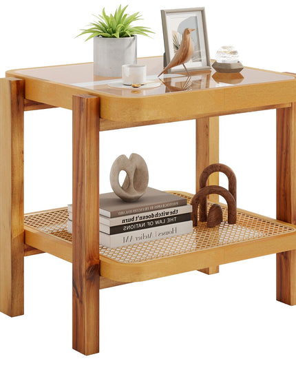 Giantex Rattan Side Table, Boho End Table for Living Room, Narrow Bedside Table with Tempered Glass Top