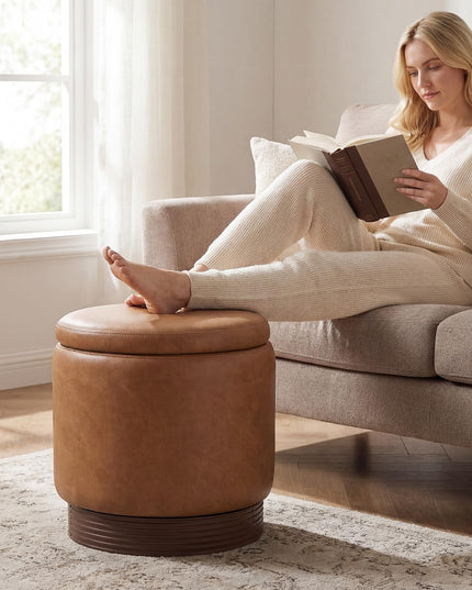 Giantex Round Ottoman with Storage 360° Swivel Faux Leather Vanity Stool
