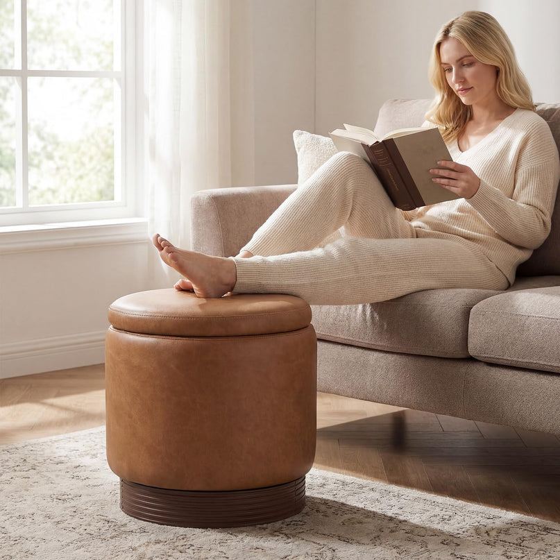 Giantex Round Ottoman with Storage 360° Swivel Faux Leather Vanity Stool