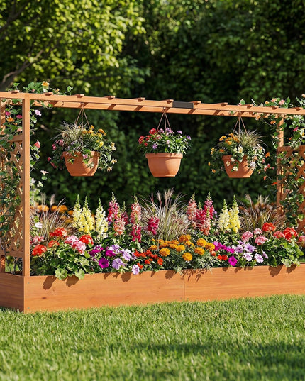 Giantex 45”Fir Wood Raised Garden Bed with Trellis & Hanging Roof