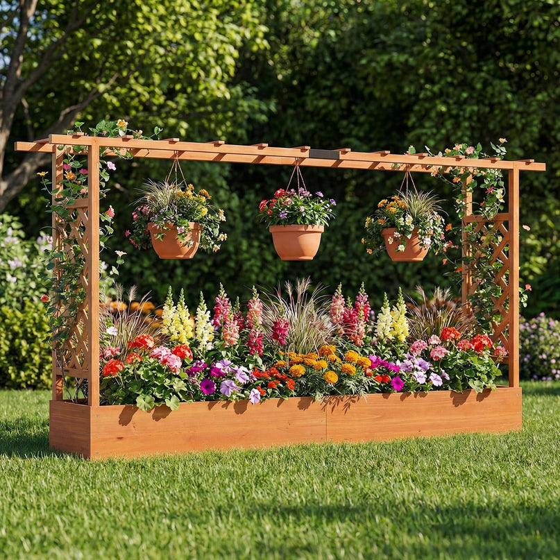 Giantex 45”Fir Wood Raised Garden Bed with Trellis & Hanging Roof