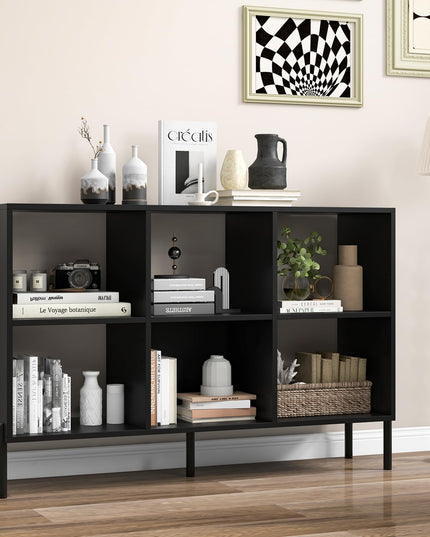 Giantex 6 Cube Bookcase, 3-Tier 47" Long Wood Bookshelf w/ 5 Metal Legs, Adjustable Shelf, Anti-toppling Device