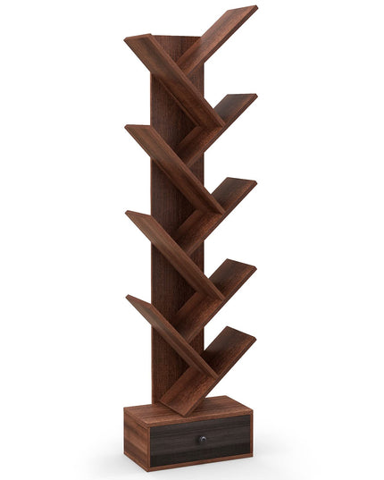 10-Tier Tree Bookshelf with Drawer, Brown - Giantex