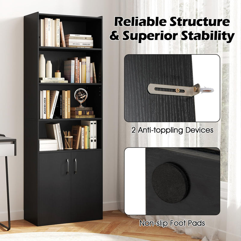 Giantex 70" Bookcase with 2 Doors Cabinet & Multipurpose Display Rack