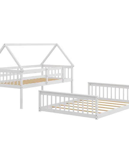 Giantex Twin Over Full House Bunk Bed, Floor Low Bunk Bed Frame w/Integrated Ladder & Safety Guardrails