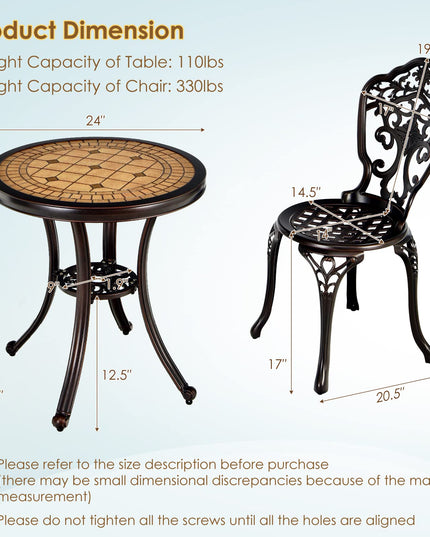 Giantex 3 Piece Patio Bistro Set, Cast Aluminum Patio Table and Chairs with Adjustable Feet(Red Copper)
