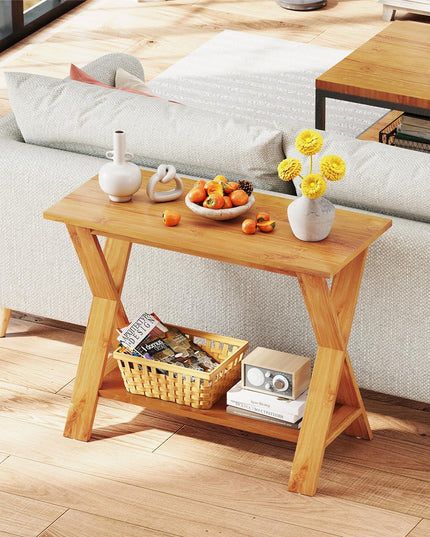 Giantex Solid Teak Wood Console Table with Storage Shelf