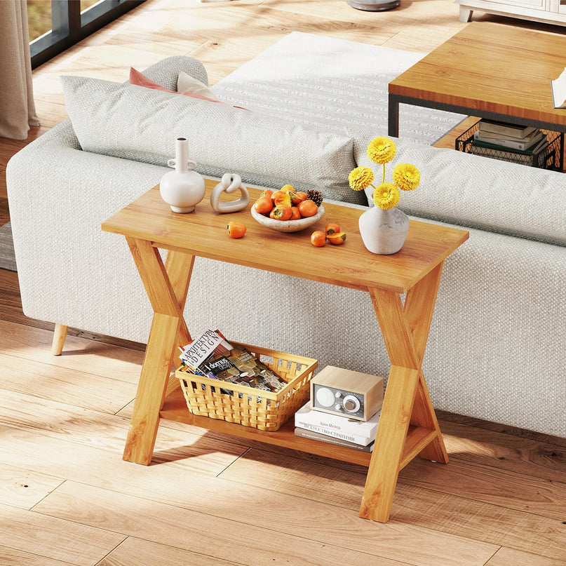 Giantex Solid Teak Wood Console Table with Storage Shelf