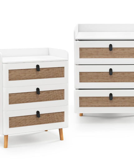 Giantex Rattan Nightstand, Boho 3-Drawer Dresser with 4 Solid Wood Legs