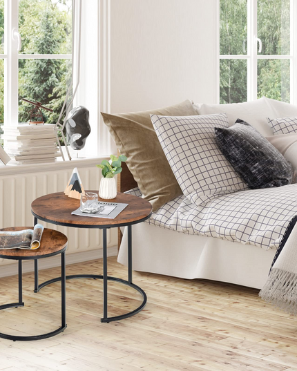 Nesting Coffee Table Set of 2, Round Stacking Side Tables w/Wooden Tabletop & Steel Frame