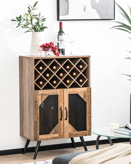 Giantex Farmhouse Buffet Cabinet with Storage, Wine Bar Cabinet 11 Bottles Rack (Brown & Black)
