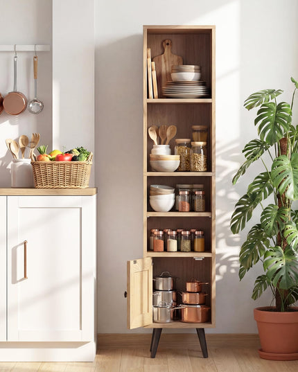Giantex Bibliothèque Haute et Étroite à 6 Niveaux | Meuble de Rangement Mince de 137 cm avec Étagère Réglable et Porte en Rotin Style Bohème