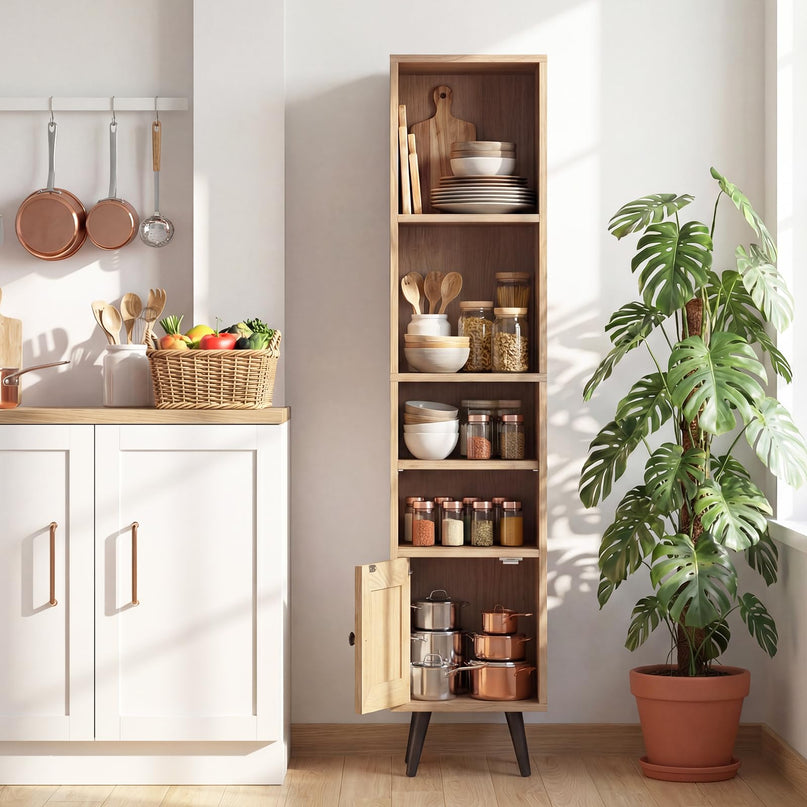 Giantex Bibliothèque Haute et Étroite à 6 Niveaux | Meuble de Rangement Mince de 137 cm avec Étagère Réglable et Porte en Rotin Style Bohème