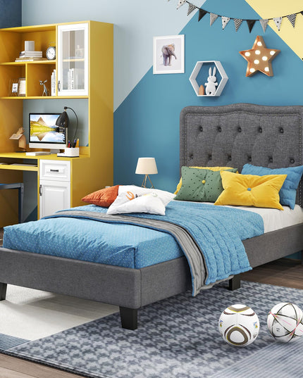 Giantex Twin Size Bed Frame, Modern Linen Upholstered Platform Bed w/ 46" Tall Button Tufted Headboard