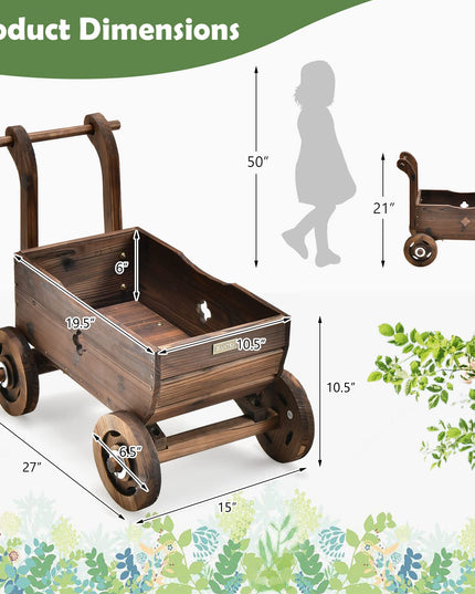 Giantex Wooden Wagon Planter Raised Bed on Wheels, Handle, Drainage Hole