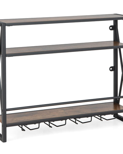 Giantex Industrial Wall-Mounted Wine Rack, 3 Tiers Metal Hanging Wine Shelf with Glass Holder