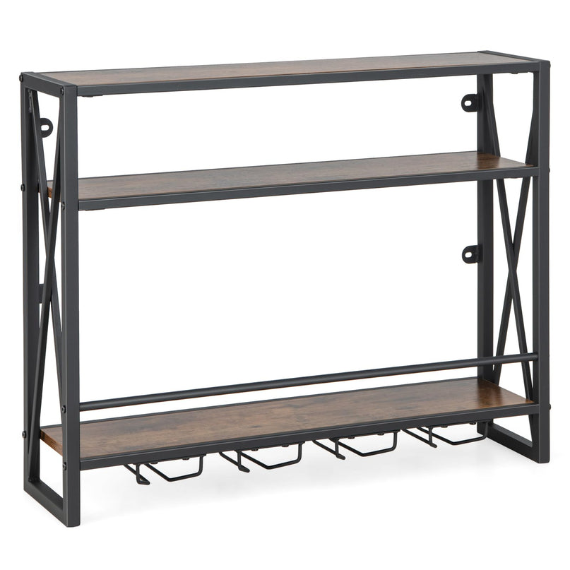 Giantex Industrial Wall-Mounted Wine Rack, 3 Tiers Metal Hanging Wine Shelf with Glass Holder