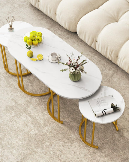 Lot de 3 tables basses gigognes Giantex, tables d'appoint empilables avec plateau en faux marbre et cadre en métal doré