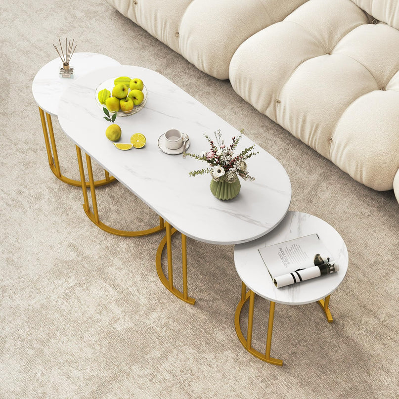 Lot de 3 tables basses gigognes Giantex, tables d'appoint empilables avec plateau en faux marbre et cadre en métal doré