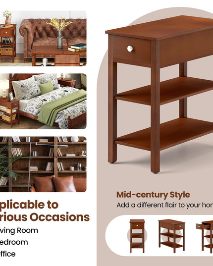 Ginatex Narrow Side Table Set of 2, Small End Tables with Drawer & Open Storage Shelves