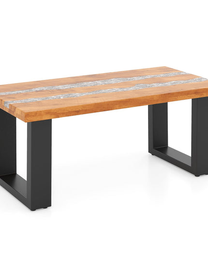 Giantex Teak Outdoor Coffee Table, Rectangular Resin Side Table with River Feel Epoxy Tabletop