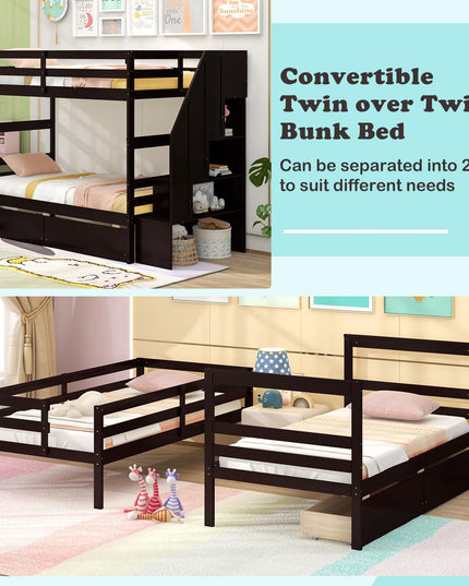 Giantex Bunk Bed Twin Over Twin with Storage Stairs & Drawers, Solid Wood Bunk Bed with Full-Length Guardrails