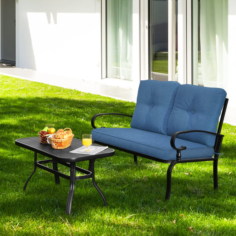 Giantex 2 Pcs Patio Loveseat with Coffee Table Outdoor Bench with Cushion and Metal Frame