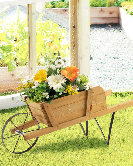 Giantex Wooden Wagon Planter, Small Wheelbarrow Wagon Flower, Indoor & Outdoor Raised Bed