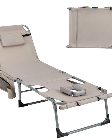 Giantex Folding Beach Tanning Chair - Outdoor Chaise Lounge Chair, 5-Position Adjustable Lounger with Face Hole