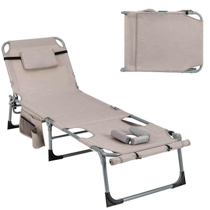 Giantex Folding Beach Tanning Chair - Outdoor Chaise Lounge Chair, 5-Position Adjustable Lounger with Face Hole