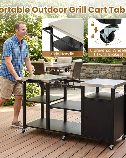 GIANTEX Large Outdoor Grill Cart with Cabinet & Dual Stainless Steel Tops