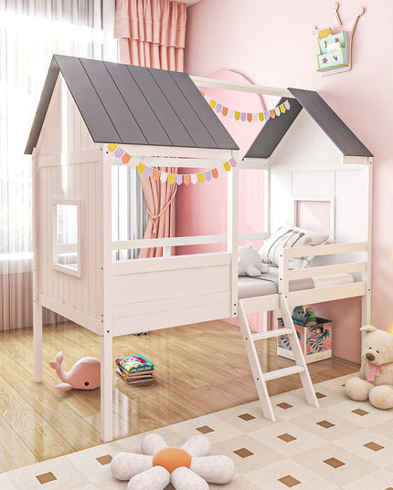 Giantex Twin House Bed Frame, Kids Low Loft Bed Frame with Roof