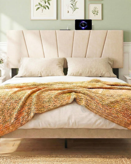 Giantex Headboard with Charging Station Queen/Full Size（Vertical Channel Tufting with Charging）