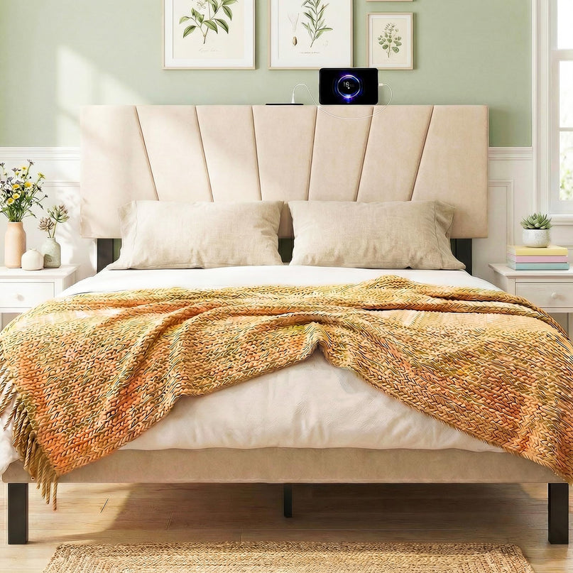 Tête de lit Giantex avec station de charge Grand lit/lit double (capitonnage vertical avec fonction de charge)