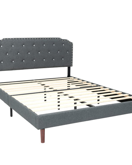 Upholstered Bed Frame w/ Adjustable Headboard, Crystal Tufted Soft Platform Bed Frame w/ Wooden Slats
