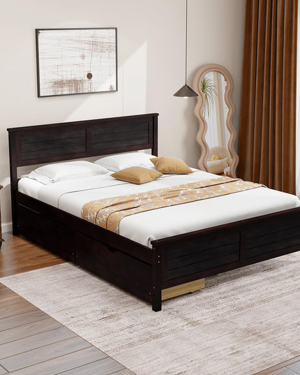 Giantex Wood Full Size Bed Frame with 2 Storage Drawers, Solid Wood Platform Bed with Headboard