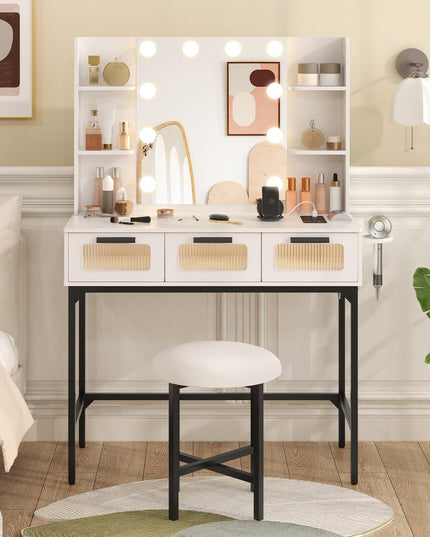 Vanity Desk with Mirror and Lights, White Makeup Vanity Desk with Charging Station