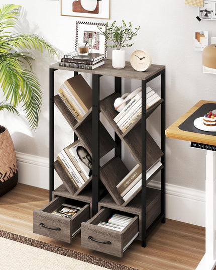Giantex Tree Bookshelf with Drawer, 4-Tier Narrow Bookcase with Metal Frame, Tall Floor Standing Storage Organizer for Small Space