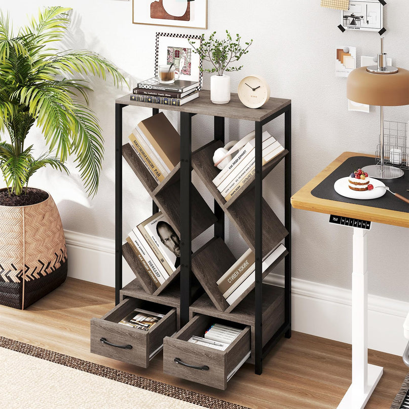 Giantex Tree Bookshelf with Drawer, 4-Tier Narrow Bookcase with Metal Frame, Tall Floor Standing Storage Organizer for Small Space