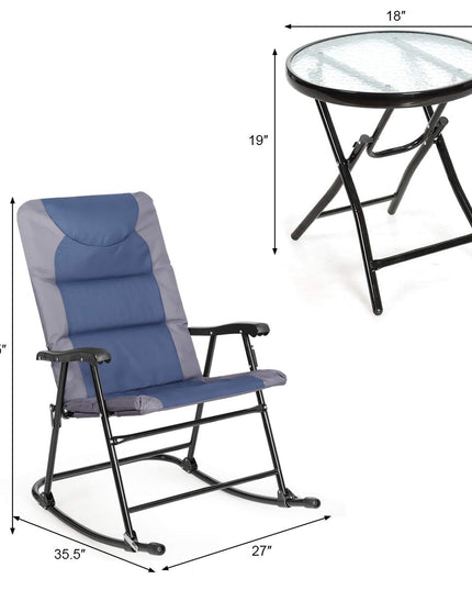 Giantex 3 PCS Folding Bistro Set Outdoor Patio Rocking Chairs Round Table Set 2 Rocking Chairs