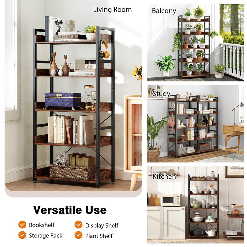 Giantex 5 Tier Bookshelf with 4 Hooks Set of 2 for Living Room