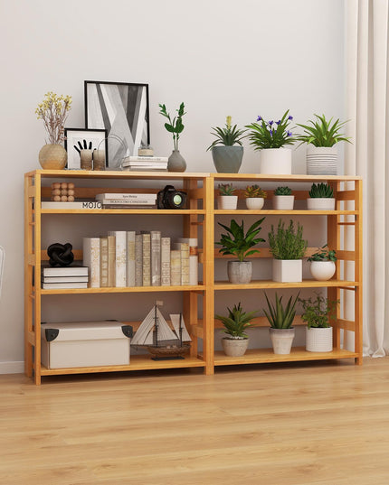 Giantex 4-Tier Bookshelf, 34.5" Floor Storage Shelf w/Rubber Wood Frame, Anti-Toppling Kits, Side Fences