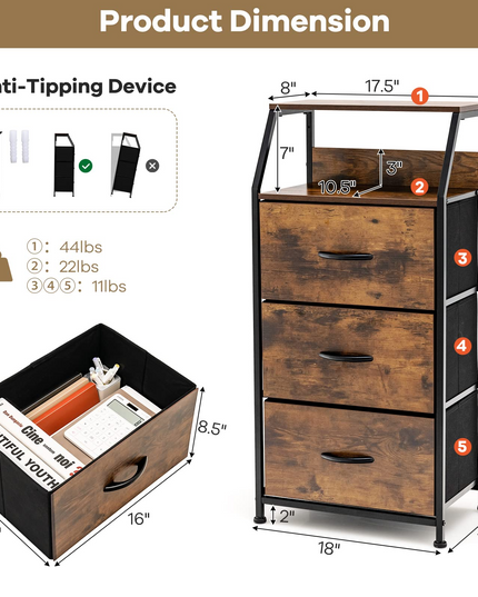 Giantex 3 Drawers Dresser, Storage Tower w/ 3 Foldable Fabric Drawers & Open Shelves