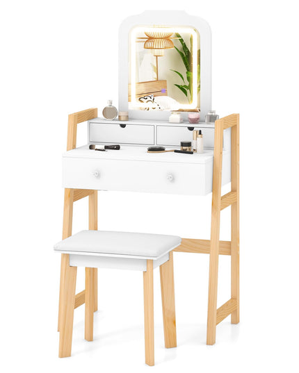 Small Vanity Desk with Mirror and Lights, White Makeup Vanity Desk with 3 Drawers