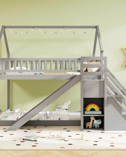 Giantex House Bunk Bed Twin Over Twin with Slide & Stairs for Kids Teens